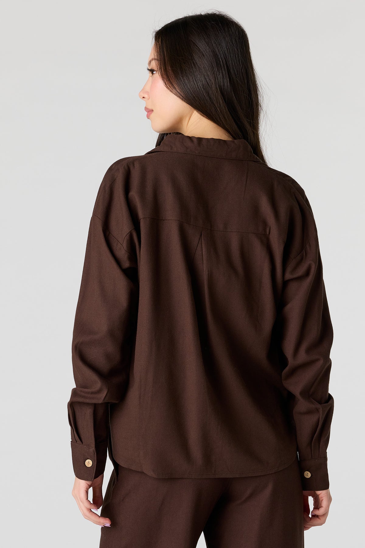 Alt View 2. Linen-Blend Long Sleeve Button-Up Top - Brown