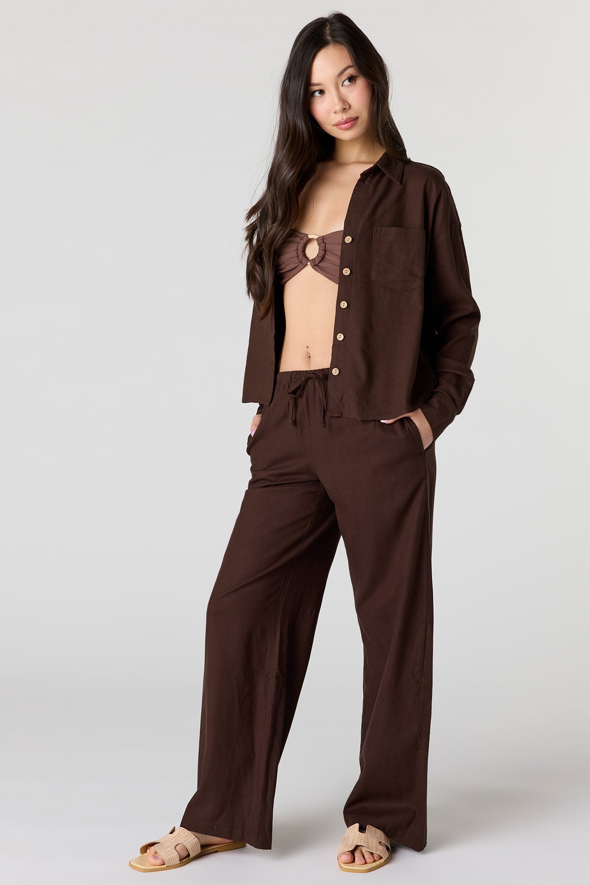 Alt View 3. Linen-Blend Long Sleeve Button-Up Top - Brown