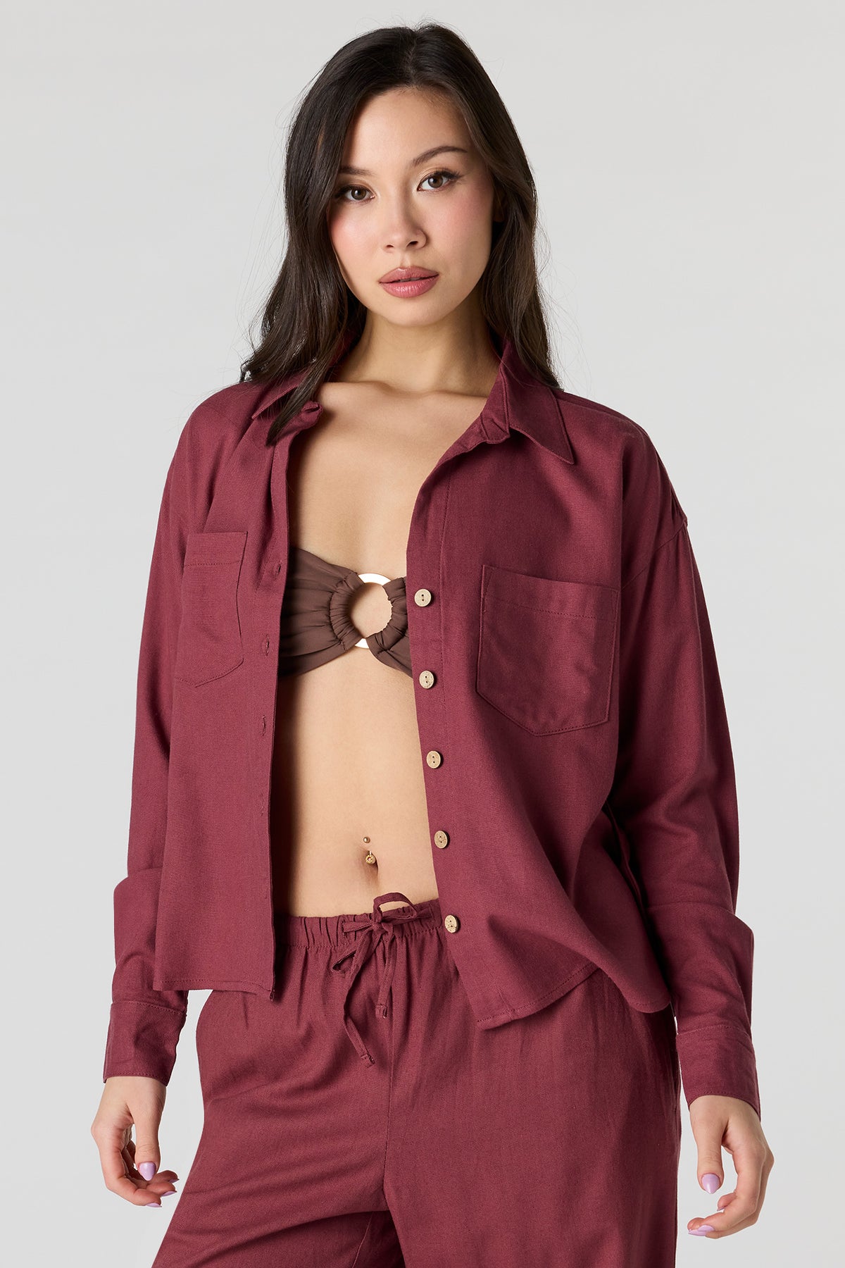 Linen-Blend Long Sleeve Button-Up Top - Magenta
