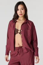 Linen-Blend Long Sleeve Button-Up Top