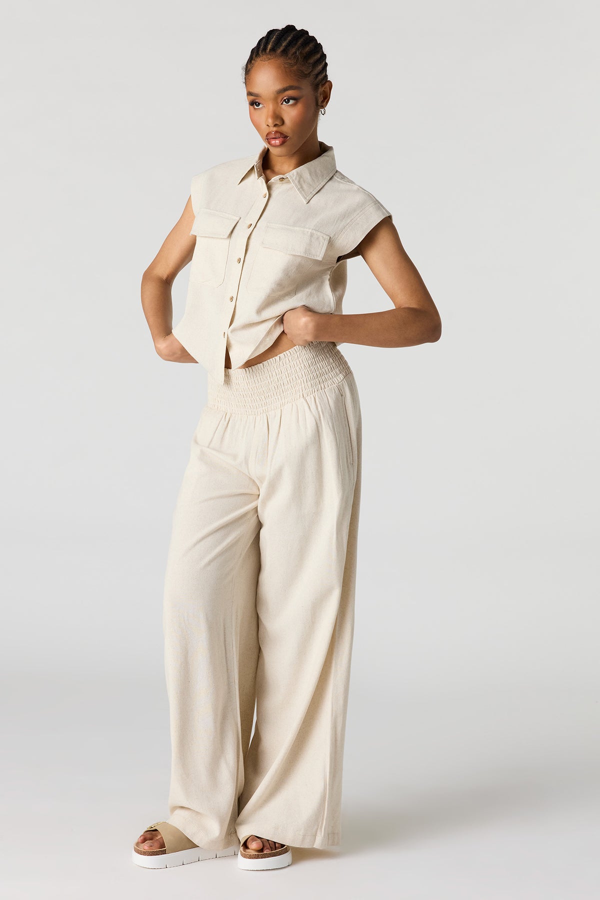 Alt View 3. Linen-Blend Button-Up Collared Top - Natural