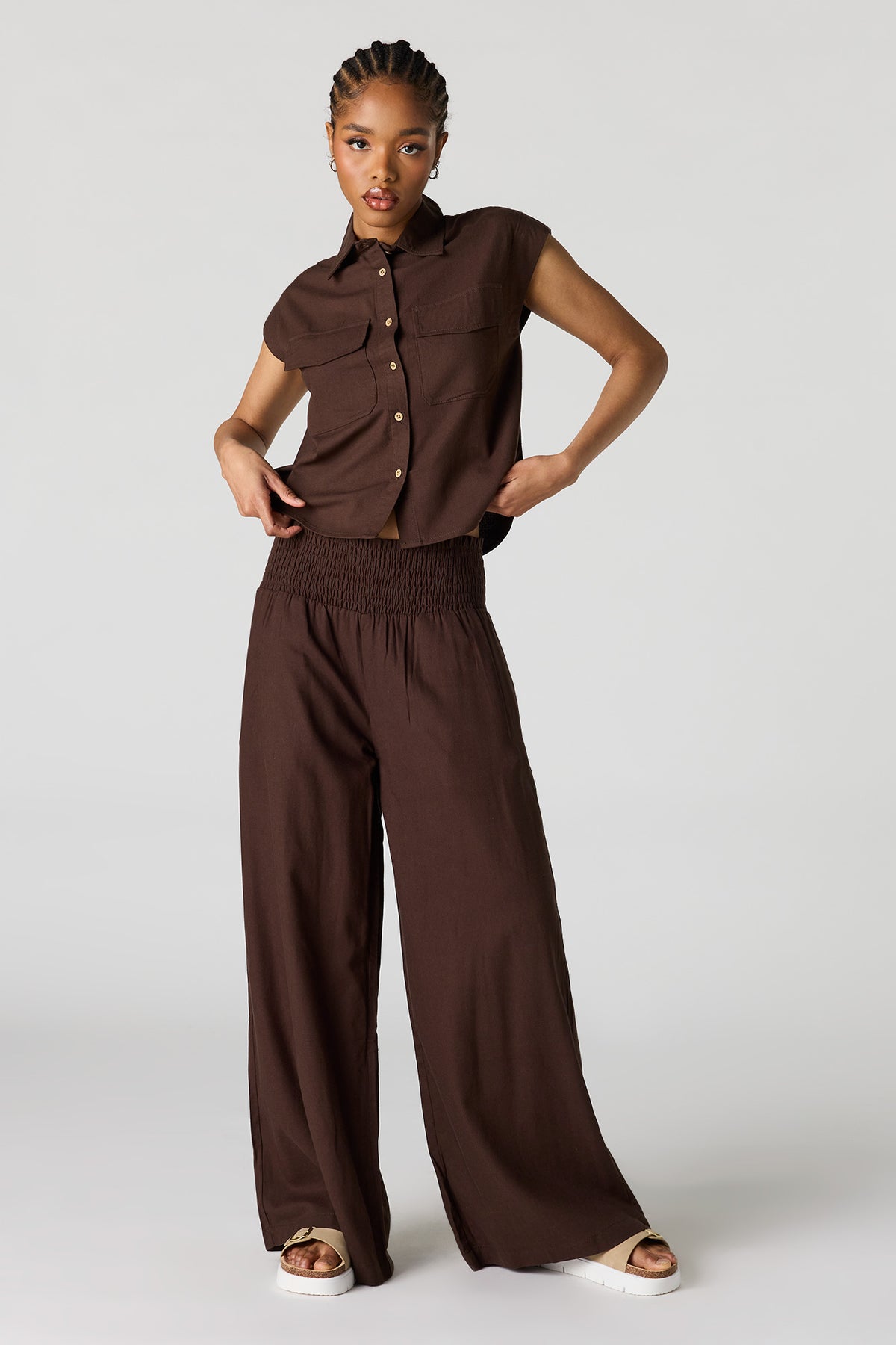 Alt View 3. Linen-Blend Button-Up Collared Top - Brown