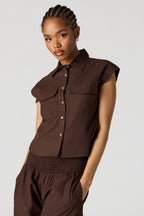 Linen-Blend Button-Up Collared Top