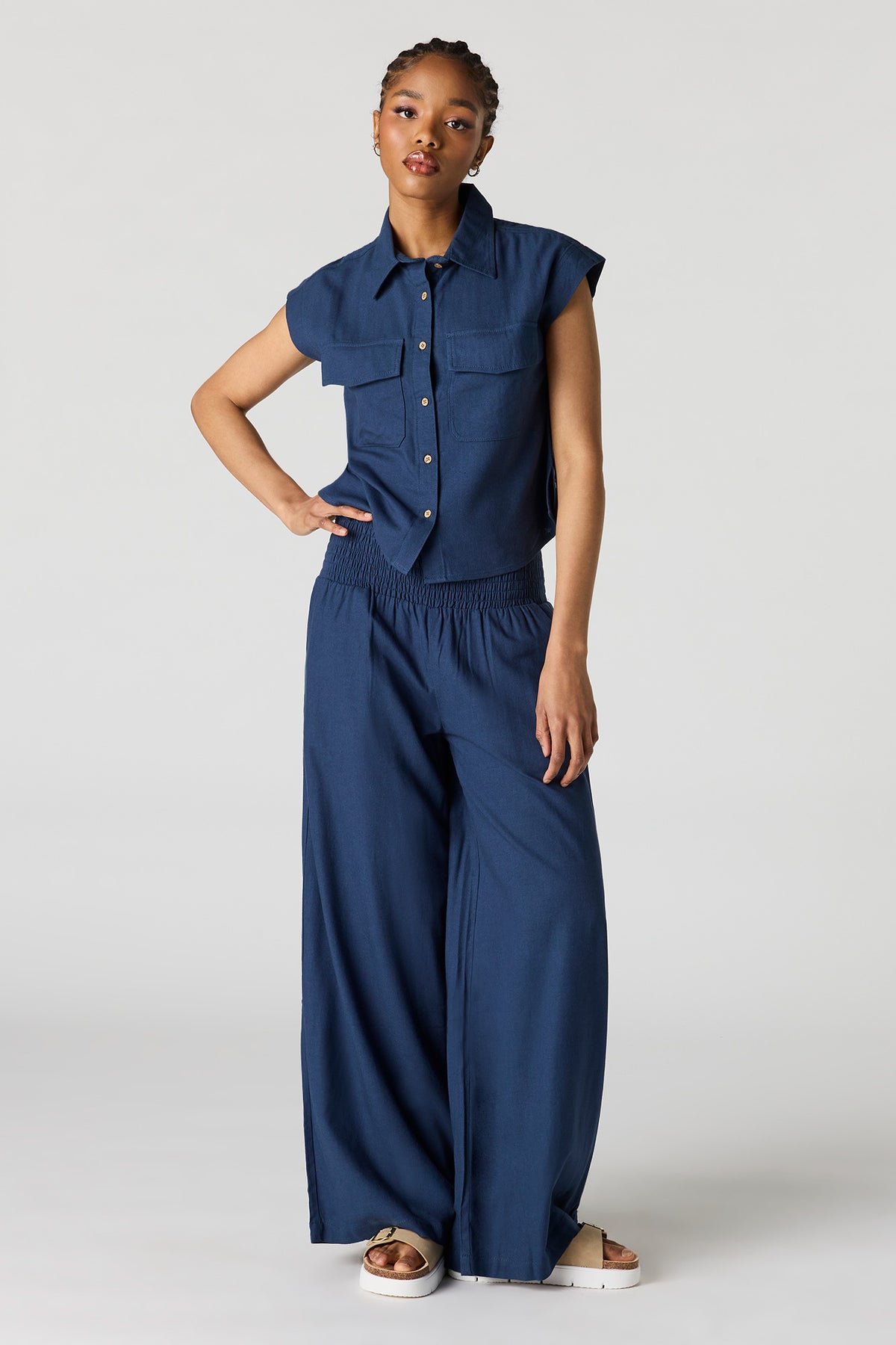 Alt View 3. Linen-Blend Button-Up Collared Top - Navy