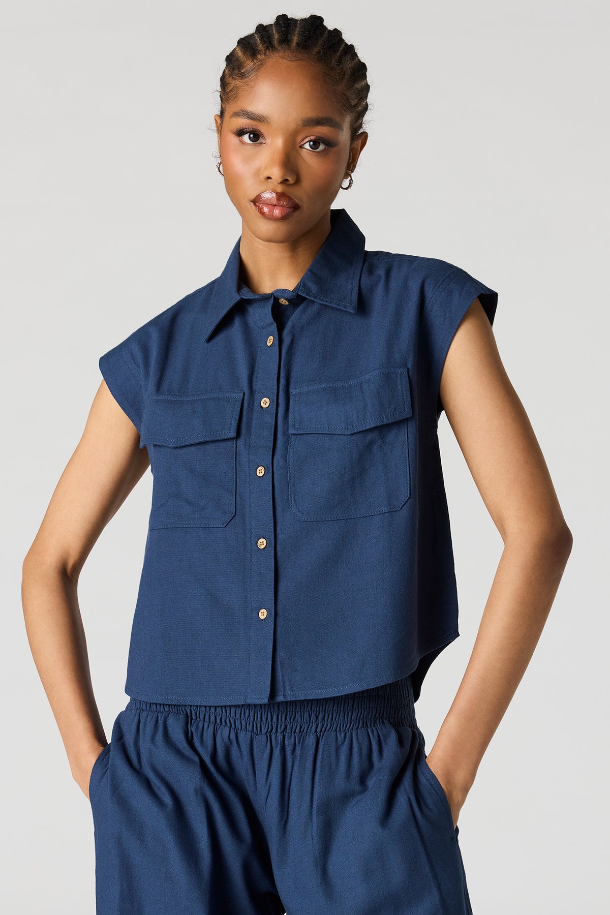 Linen-Blend Button-Up Collared Top - Navy