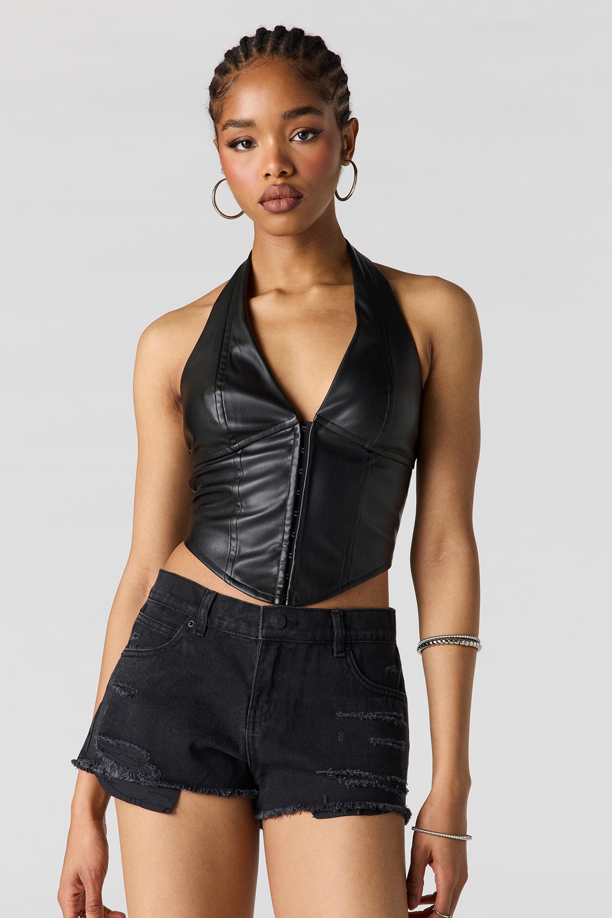 Faux Leather Halter Corset - Black