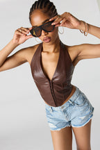 Faux Leather Halter Corset