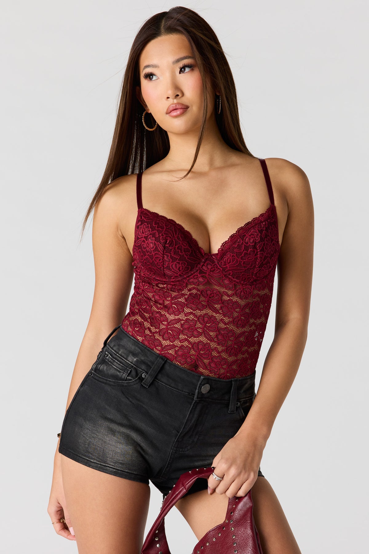 Braless Floral Lace Bodysuit - Wine
