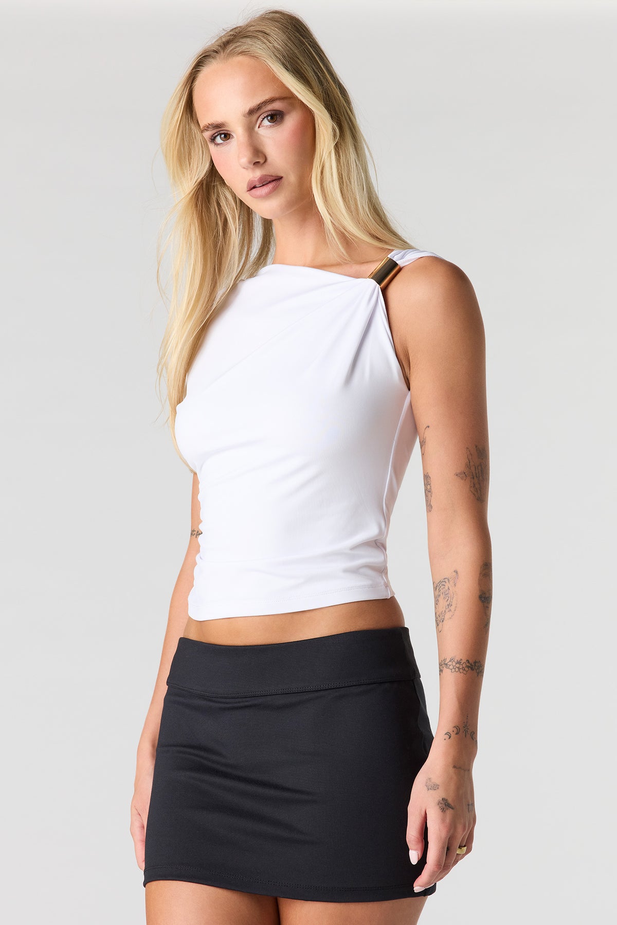 Contour Metal Cuff One Shoulder Top - White
