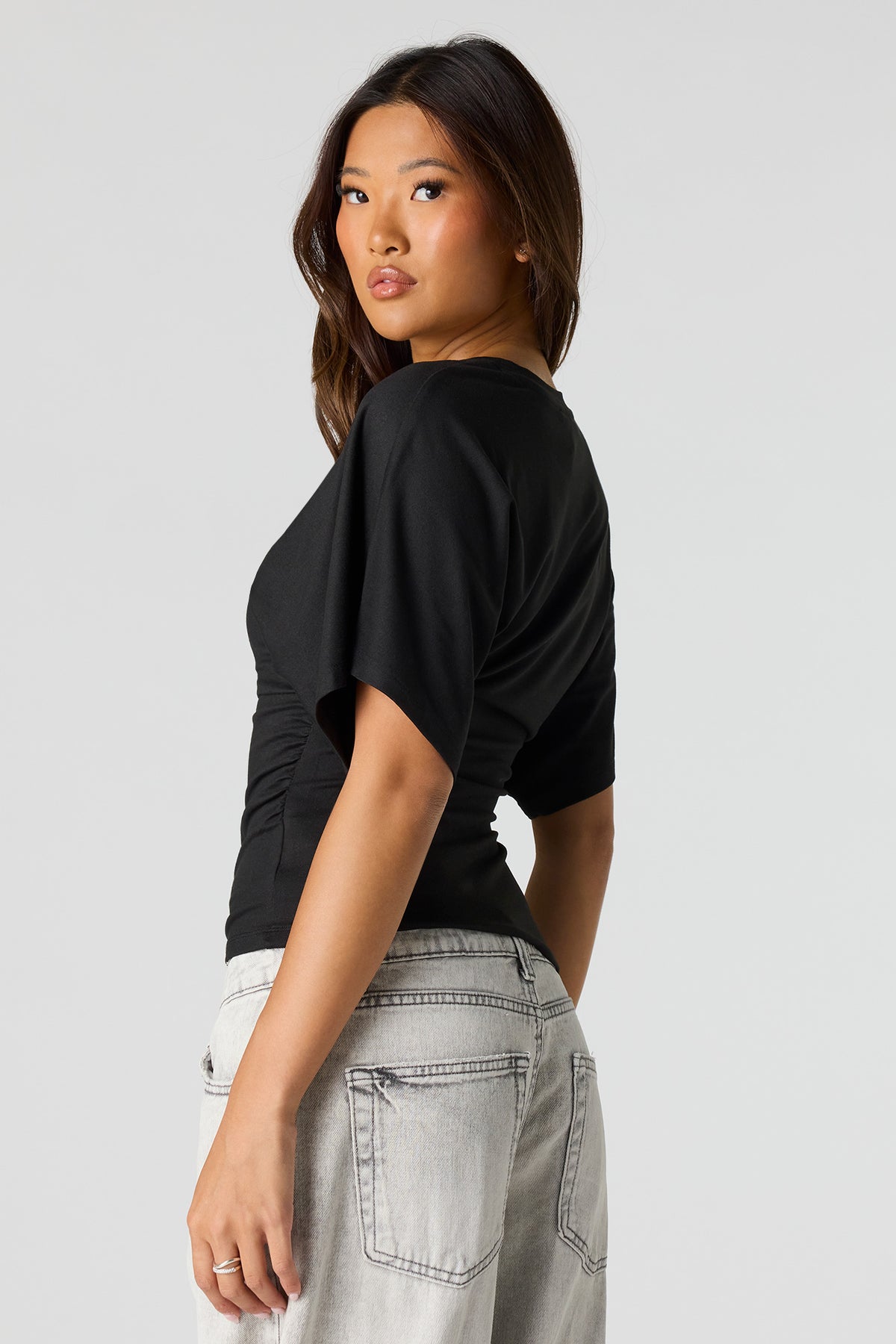 Alt View 2. Contour Cinched Short Sleeve Top - Black