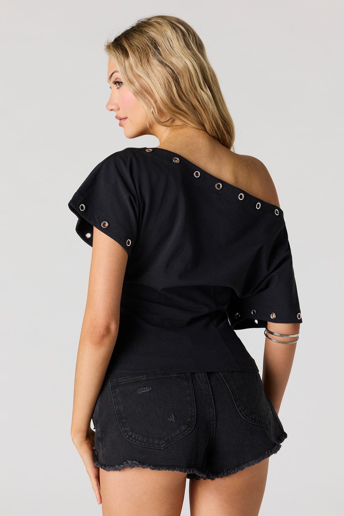Alt View 2. Eyelet Off Shoulder Top - Black