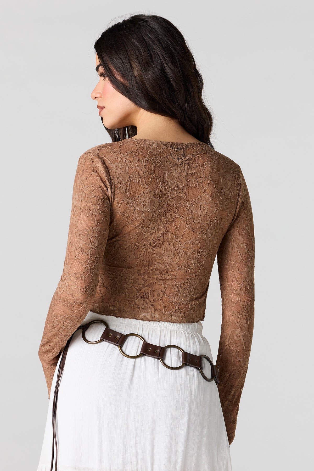Alt View 3. Lace Flyaway Long Sleeve Top - Brown