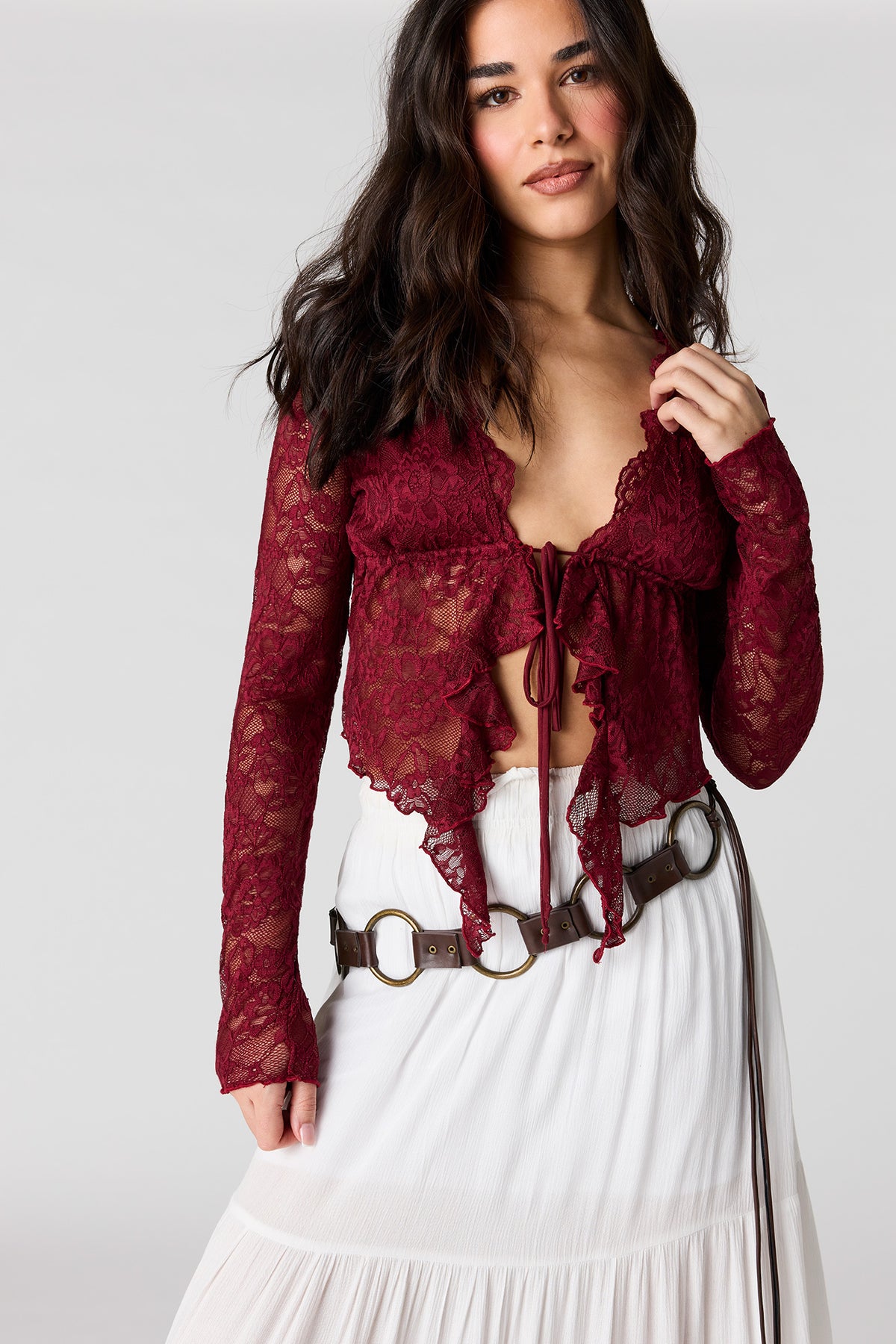 Alt View 5. Lace Flyaway Long Sleeve Top - Brown