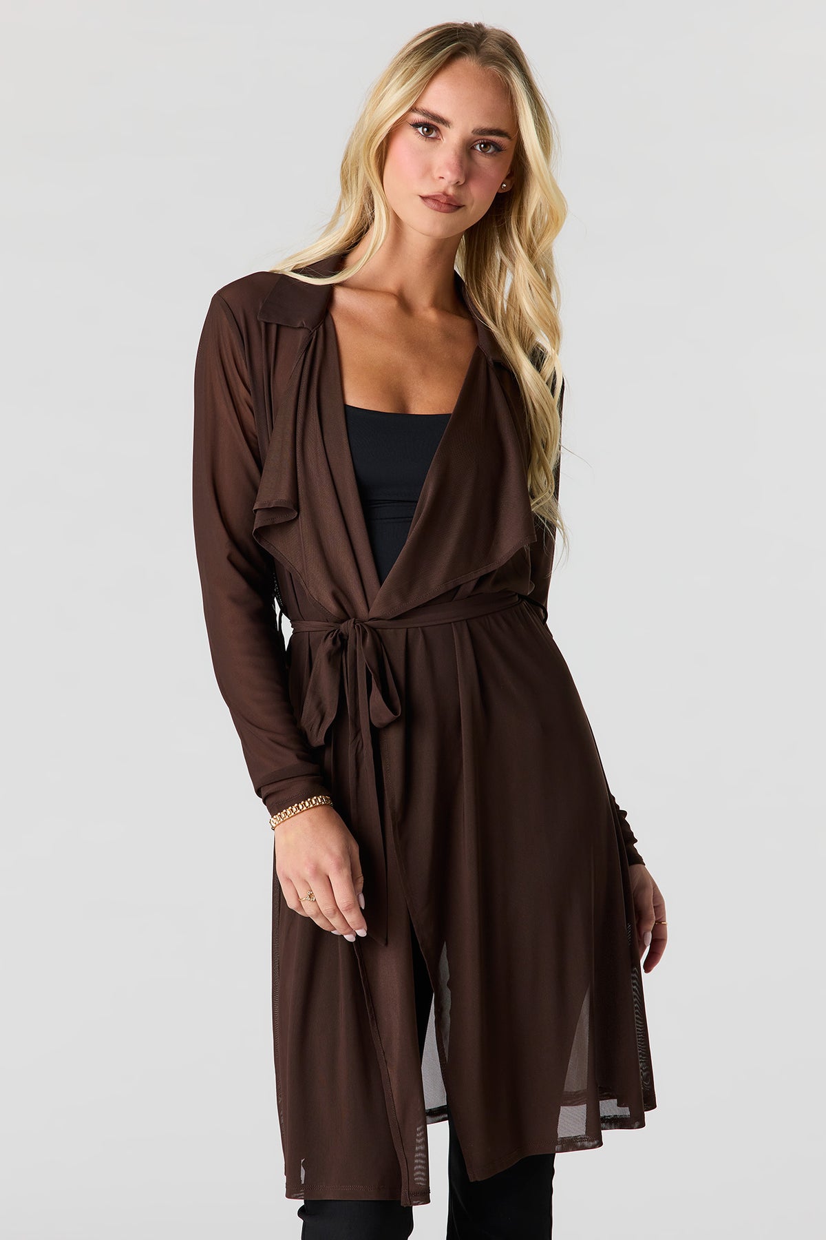 Mesh Long Sleeve Self-Tie Front Top - Brown