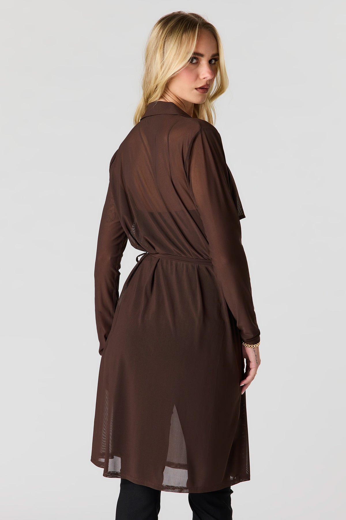Alt View 2. Mesh Long Sleeve Self-Tie Front Top - Brown