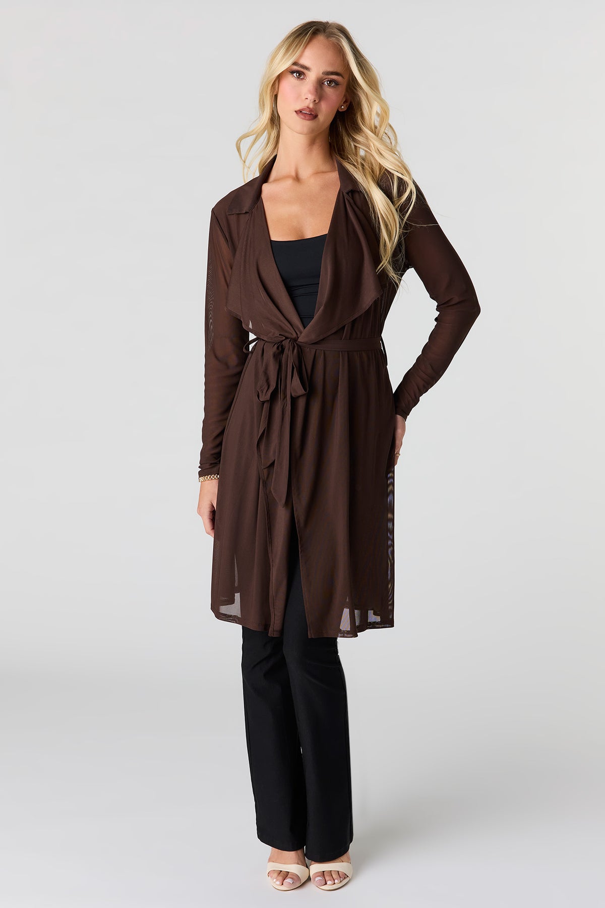 Alt View 3. Mesh Long Sleeve Self-Tie Front Top - Brown