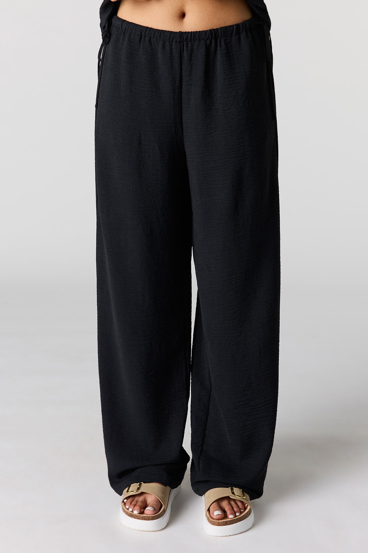 Alt View 2. Textured Drawstring Wide Leg Pant - Black