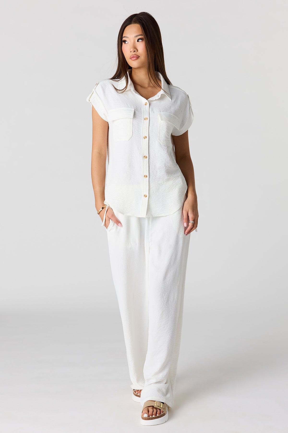Textured Drawstring Wide Leg Pant - White