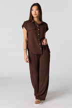Textured Drawstring Wide Leg Pant