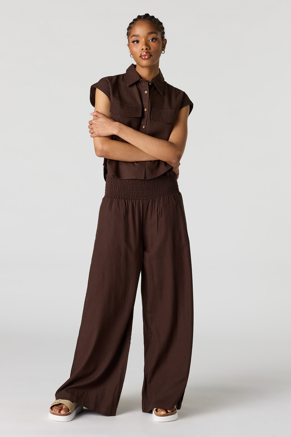 Linen-Blend Wide Leg Pant - Brown
