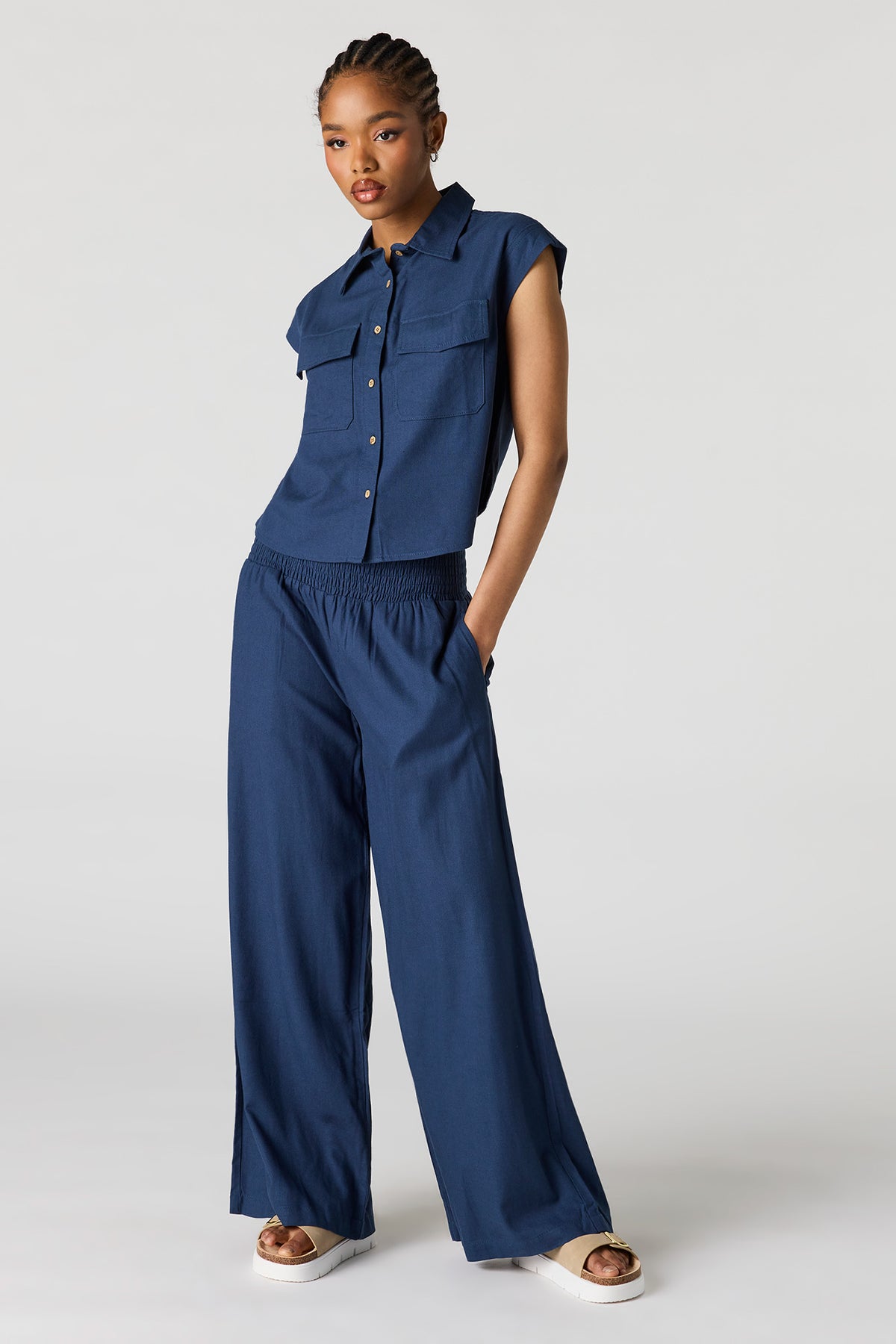 Linen-Blend Wide Leg Pant - Navy