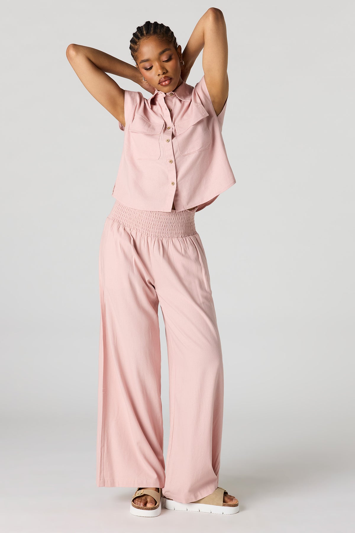 Linen-Blend Wide Leg Pant - Pink