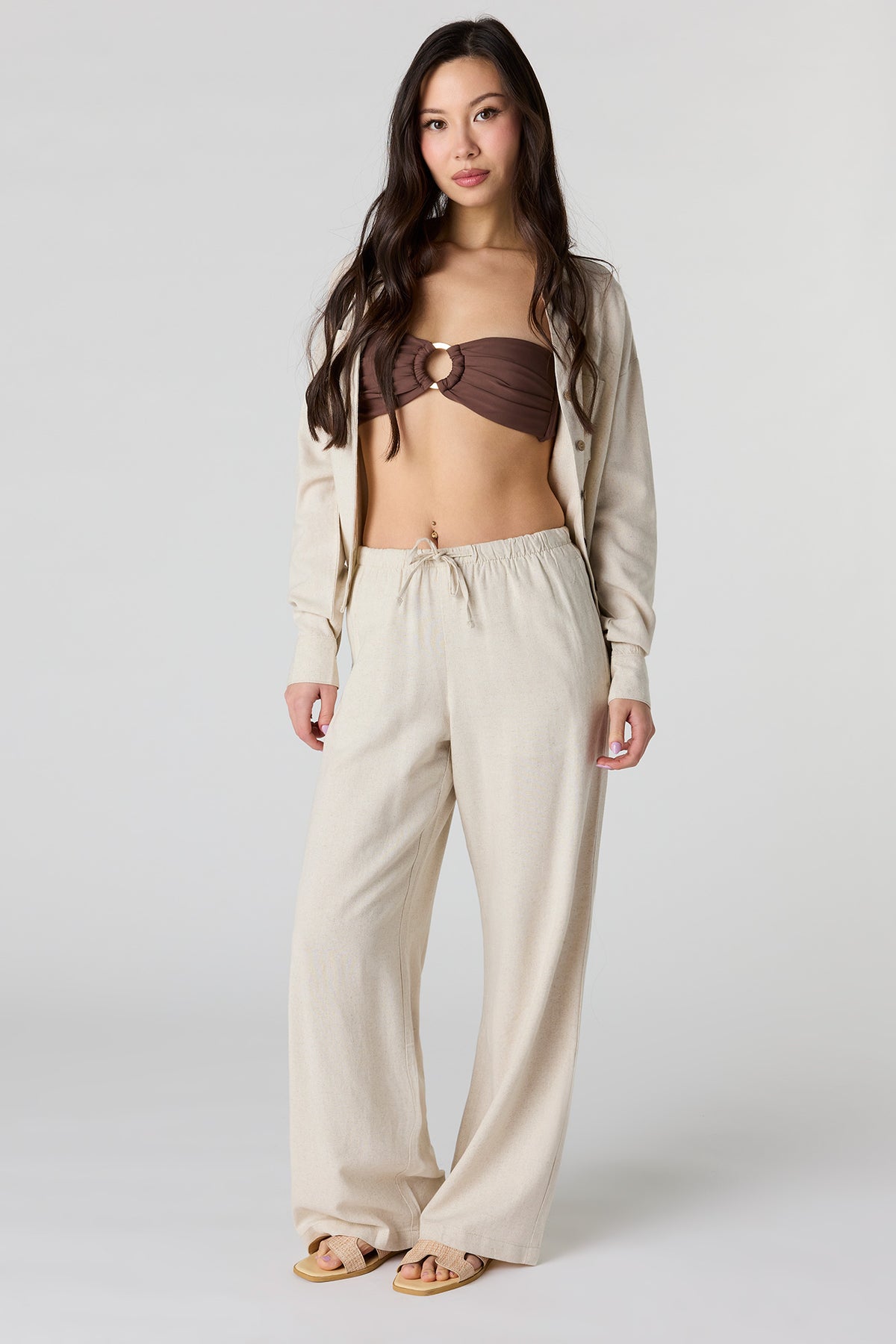 Linen-Blend Drawstring Wide Leg Pant - Natural