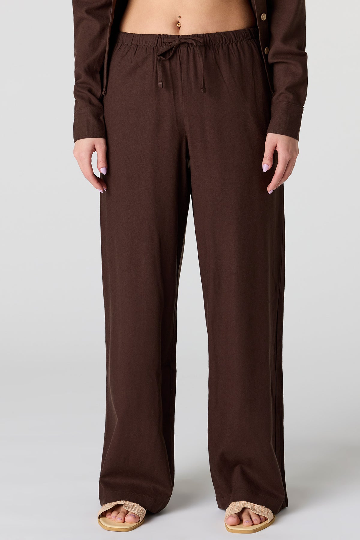 Alt View 2. Linen-Blend Drawstring Wide Leg Pant - Brown