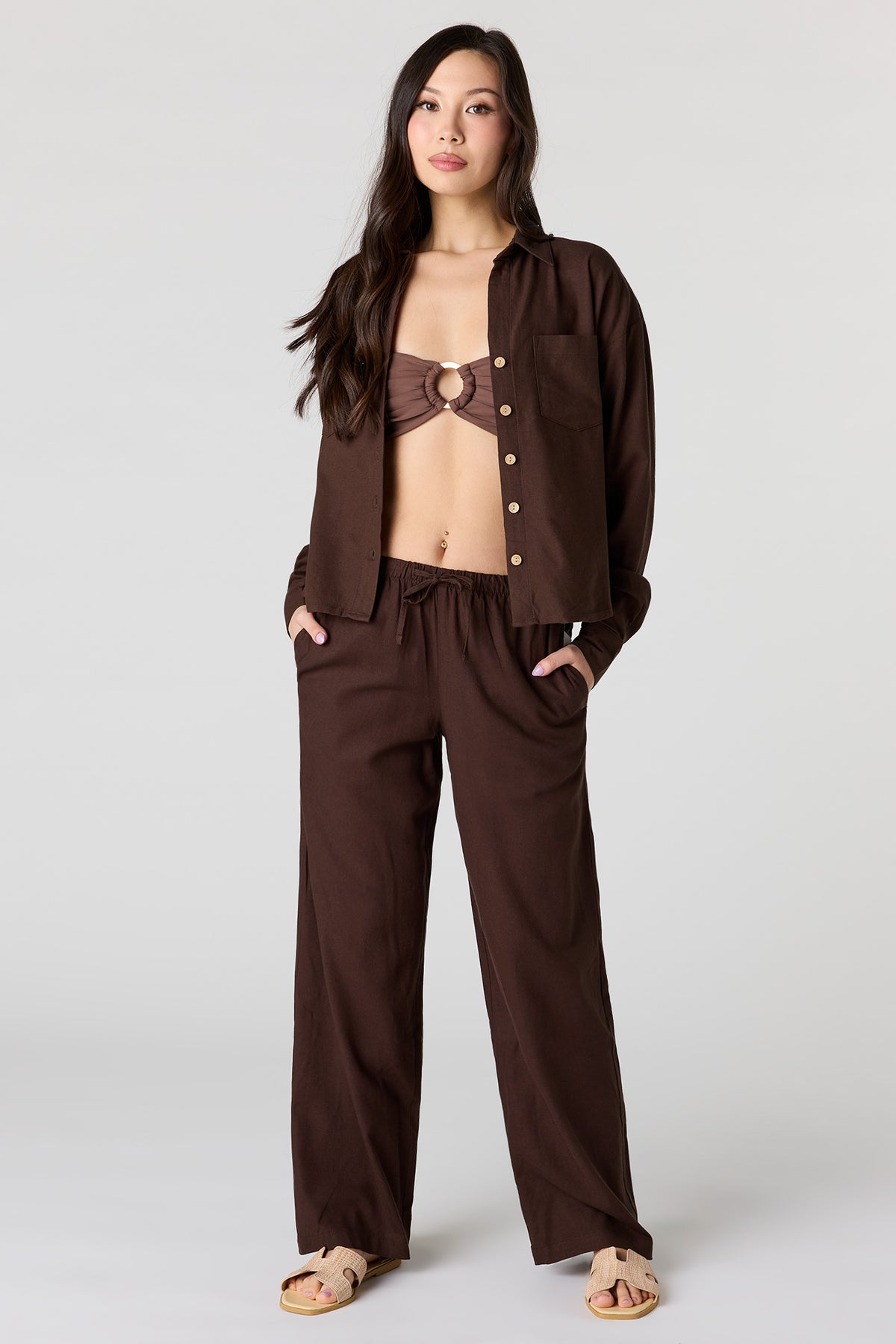 Linen-Blend Drawstring Wide Leg Pant - Brown