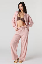 Pantalon à jambe large en mélange de lin avec taille coulissante