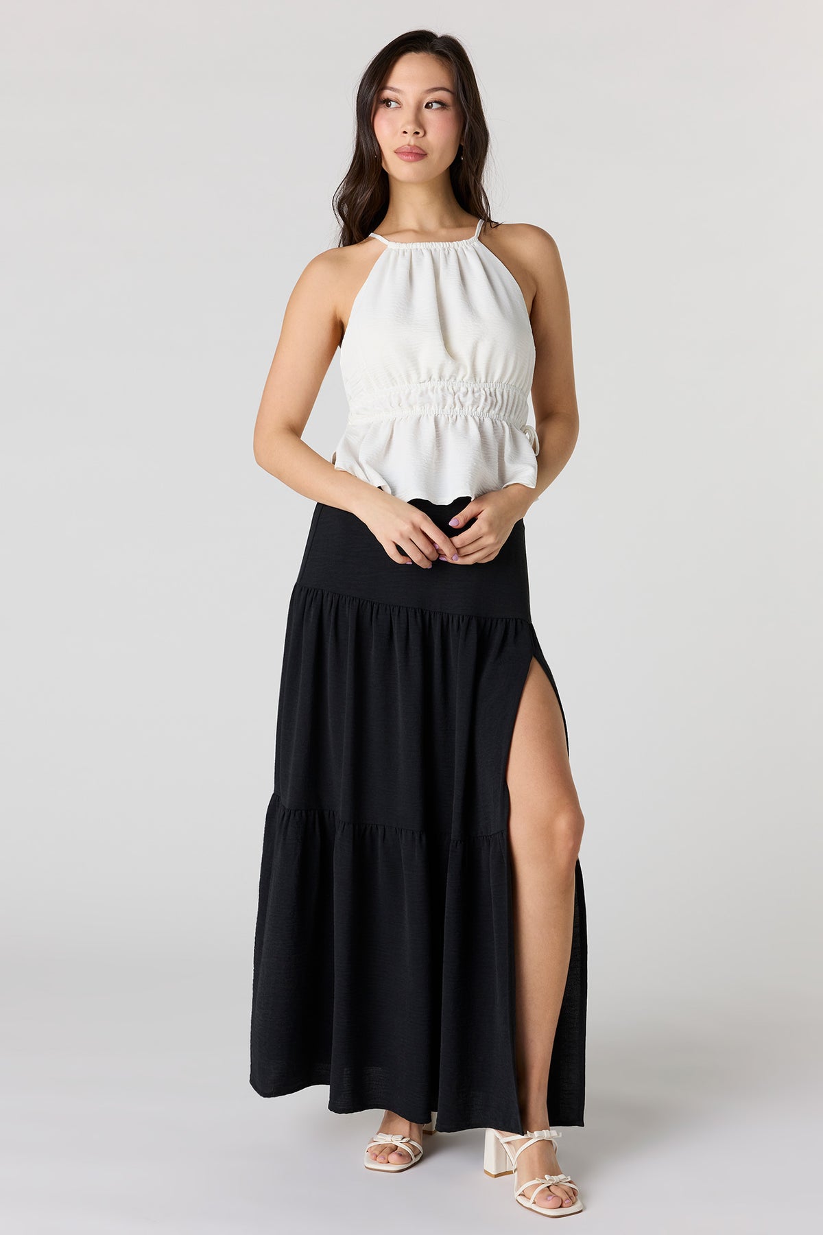 Tiered Slit Maxi Skirt - Black
