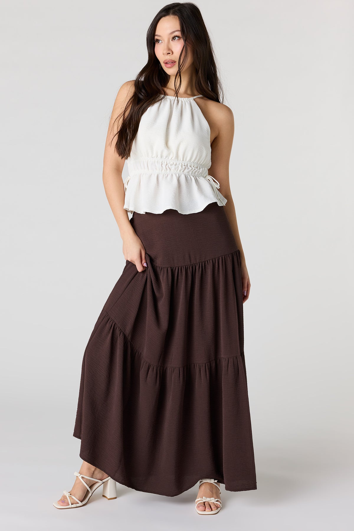 Tiered Slit Maxi Skirt - Brown
