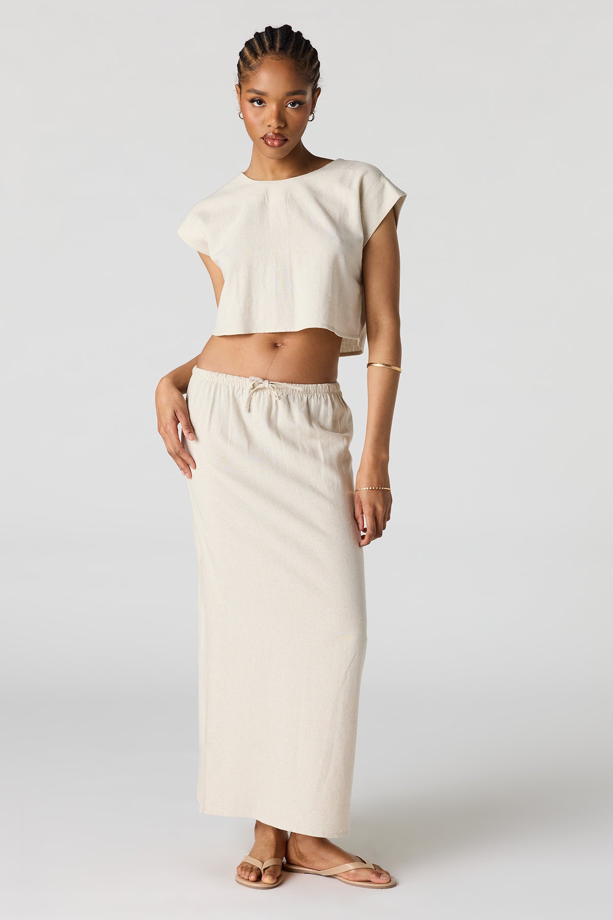 Jupe midi en mélange de lin avec taille coulissante