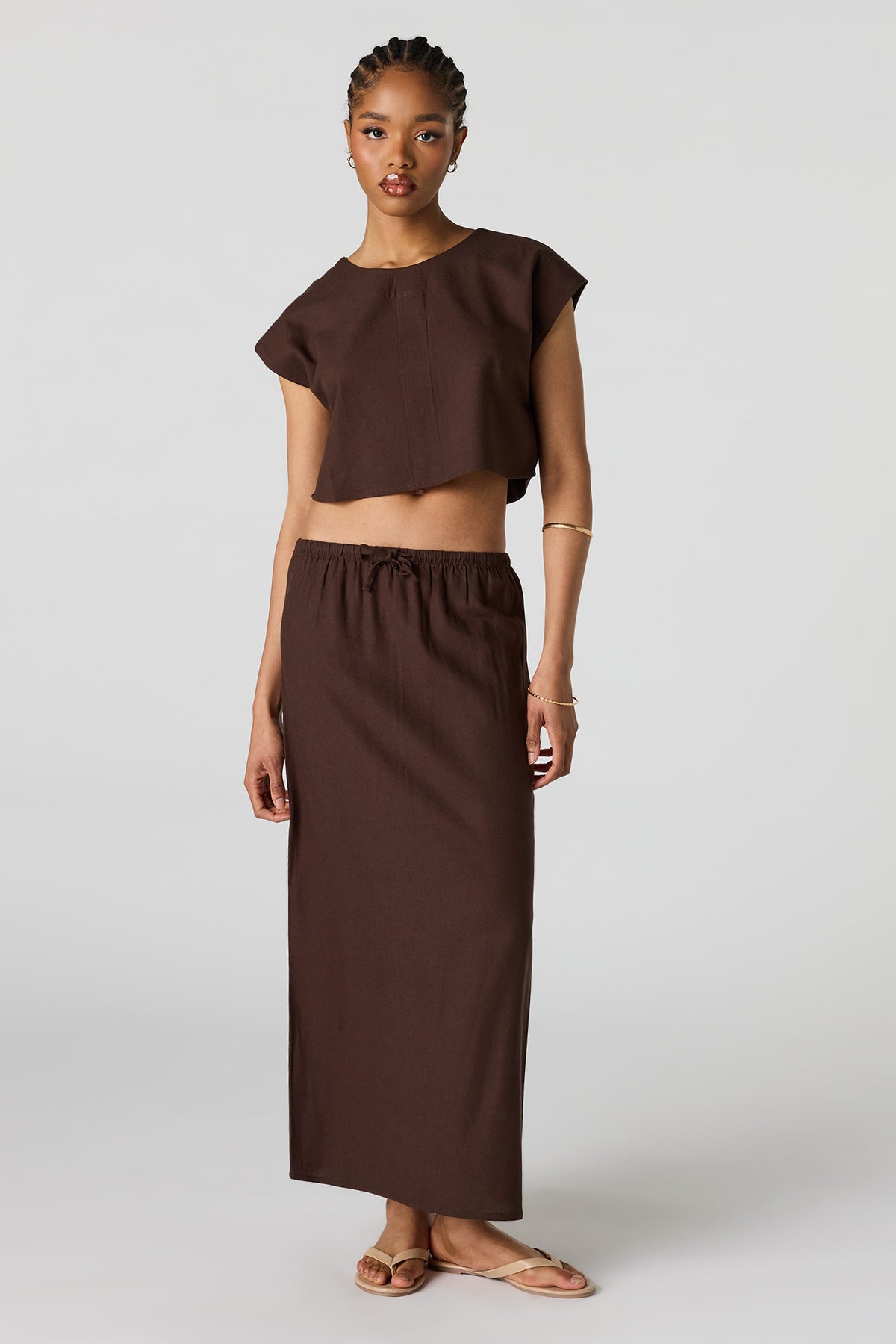 Jupe midi en mélange de lin avec taille coulissante