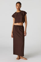 Jupe midi en mélange de lin avec taille coulissante