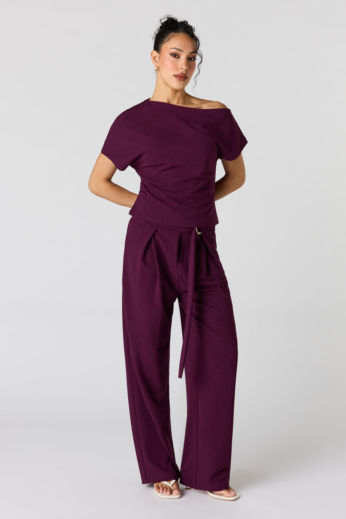 Belted Pleated Wide Leg Pant - Eggplant