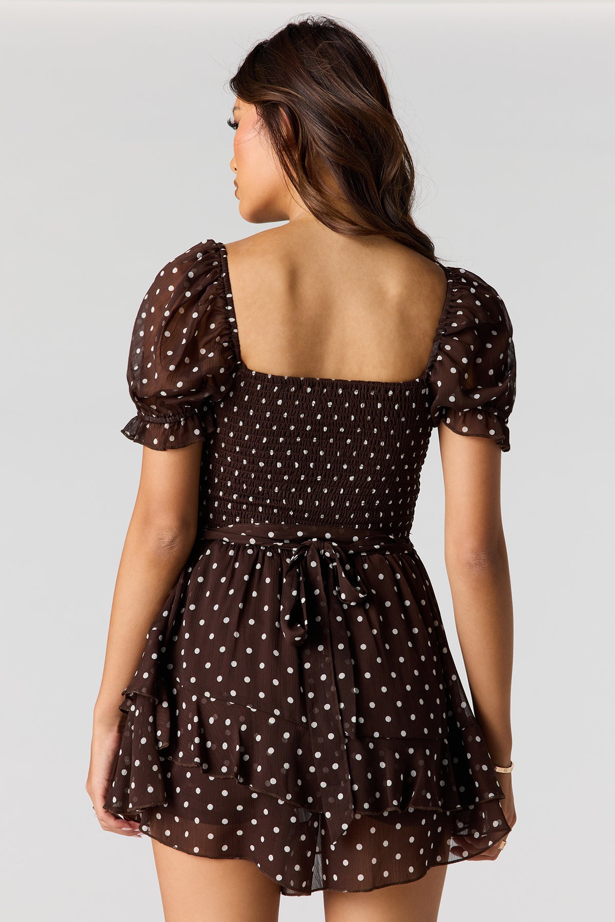 Alt View 2. Chiffon Smocked Puff Sleeve Mini Dress - Brown
