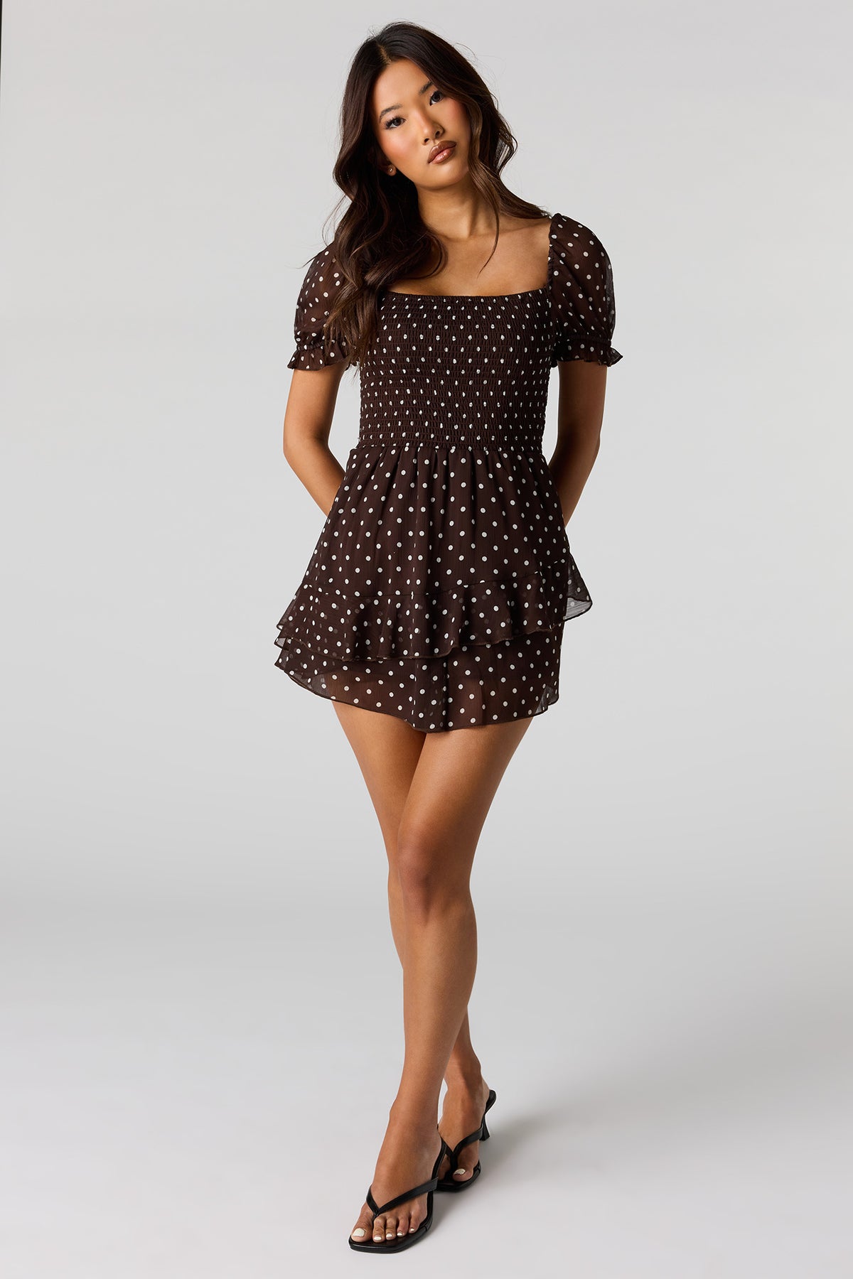 Alt View 3. Chiffon Smocked Puff Sleeve Mini Dress - Brown