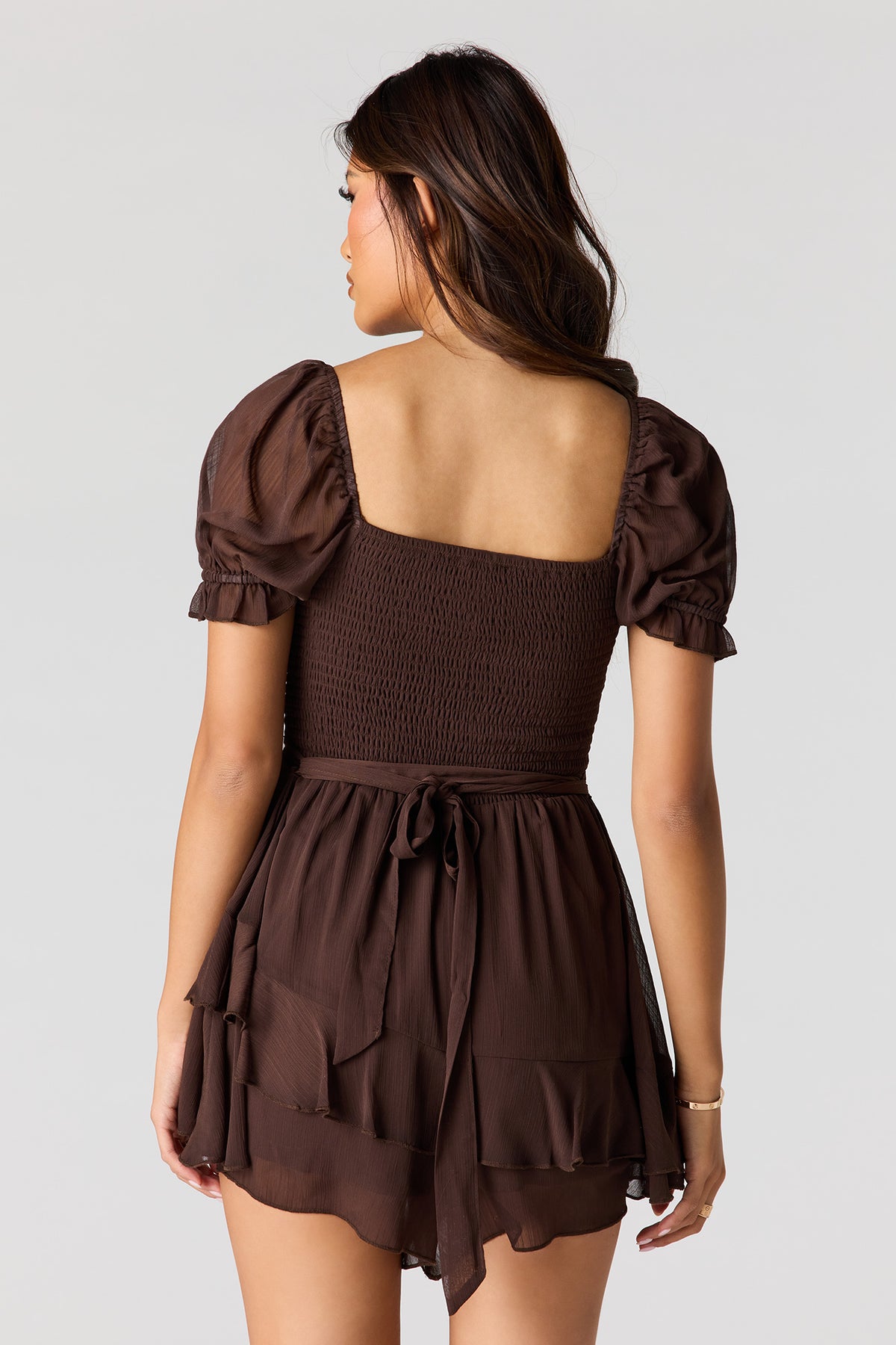 Alt View 2. Chiffon Smocked Puff Sleeve Mini Dress - Dark Brown