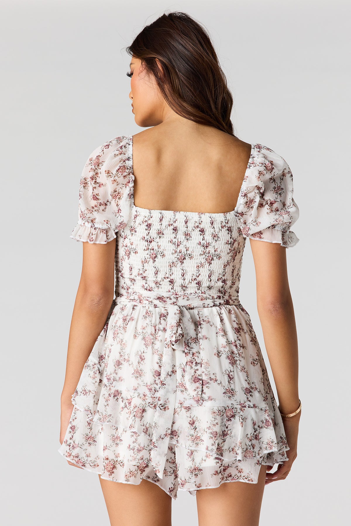 Alt View 2. Chiffon Smocked Puff Sleeve Mini Dress - White