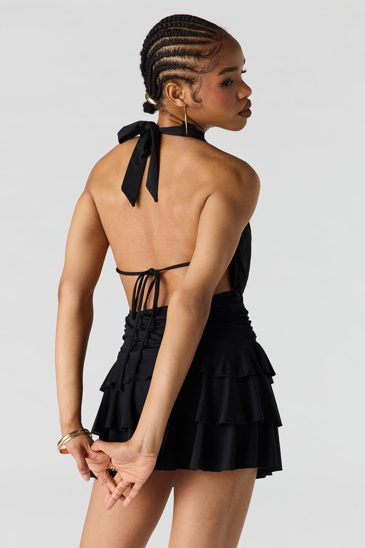Alt View 2. Cowl Neck Ruffled Halter Romper - Black