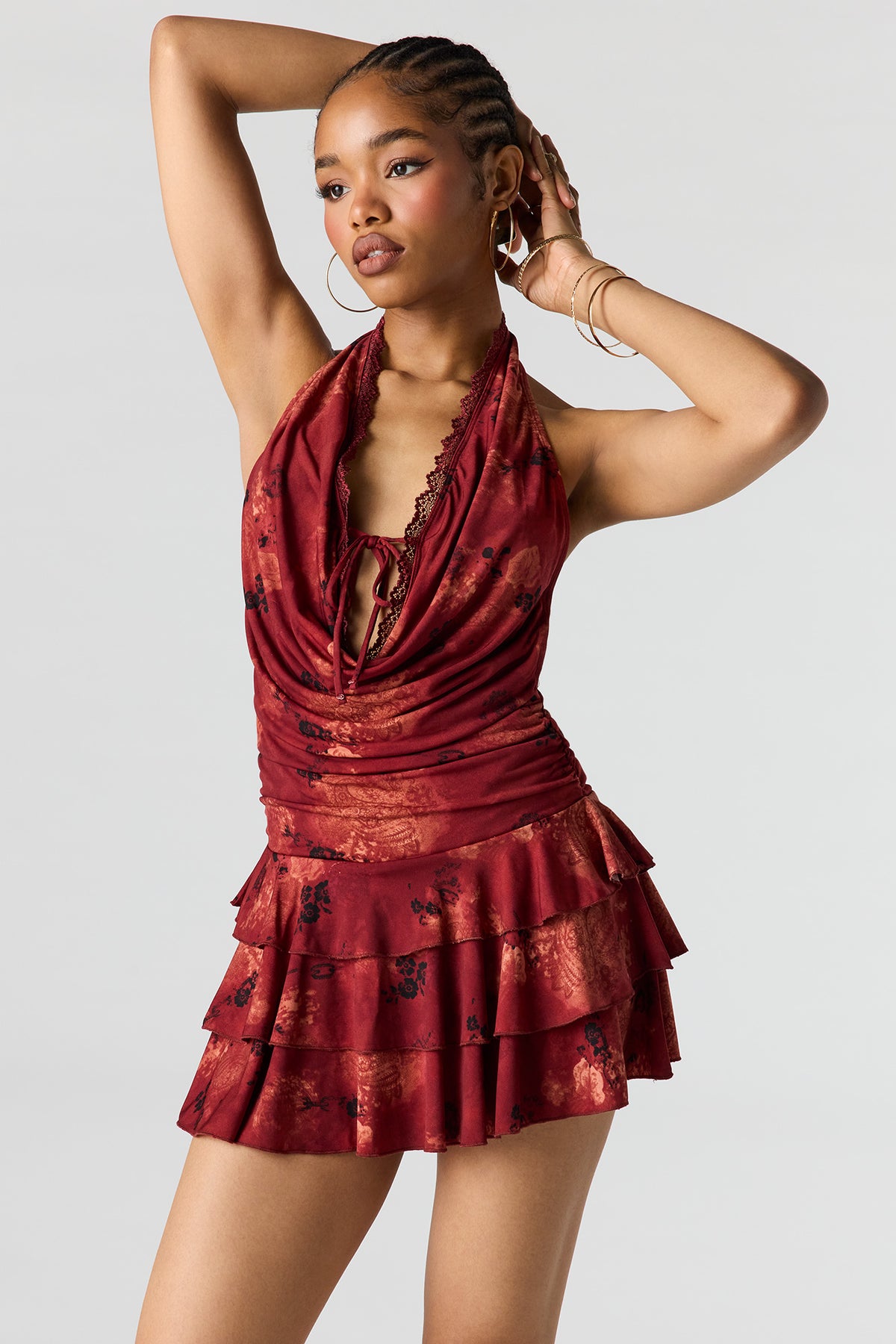 Alt View 6. Cowl Neck Ruffled Halter Romper - Wine