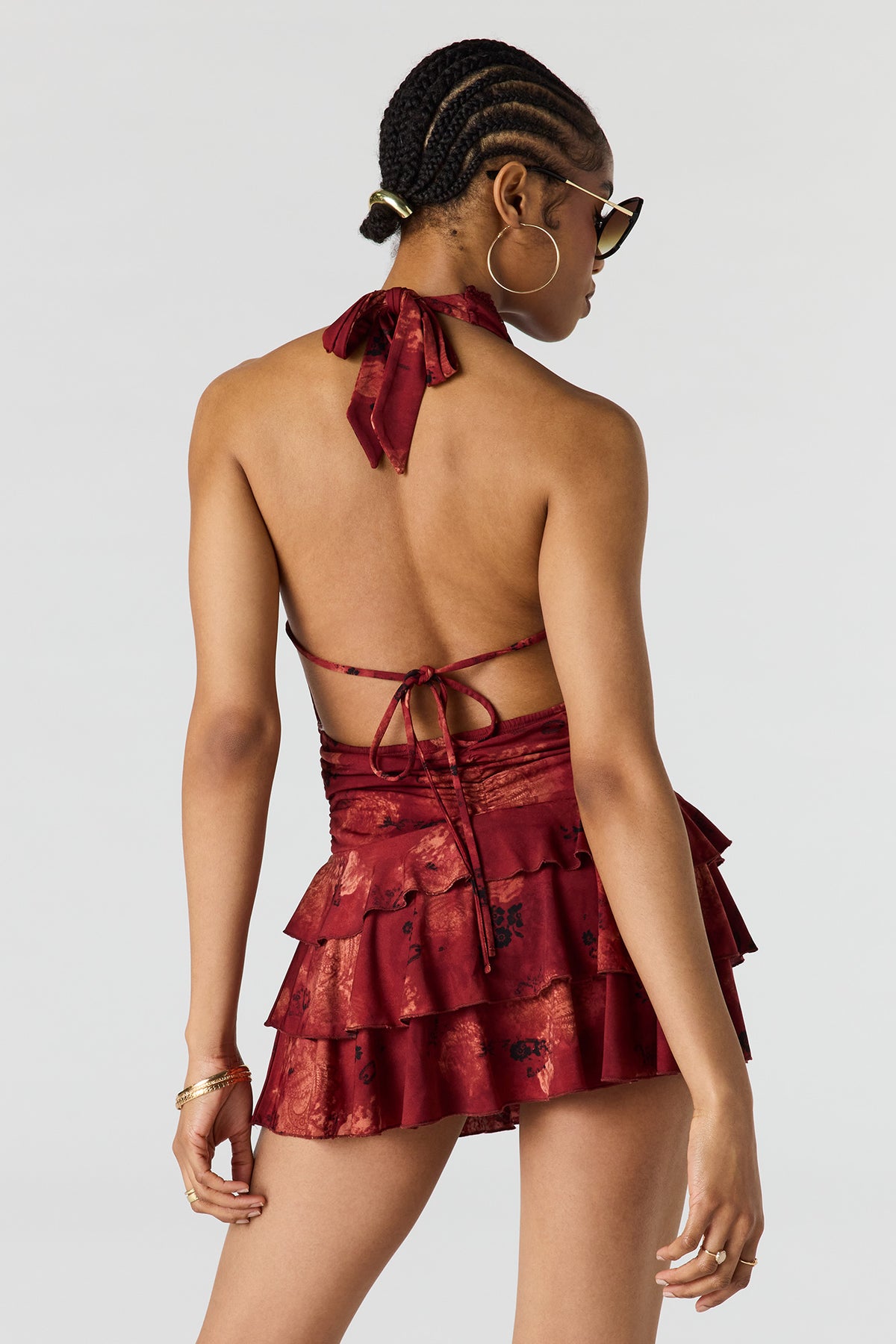 Alt View 5. Cowl Neck Ruffled Halter Romper - Wine