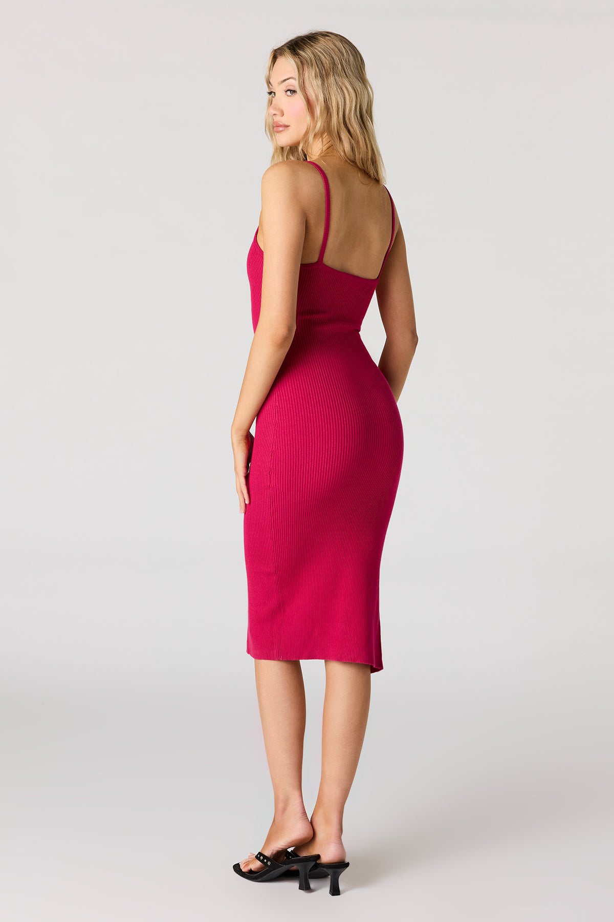 Alt View 3. Ribbed Knit Slit Midi Dress - Dark Pink