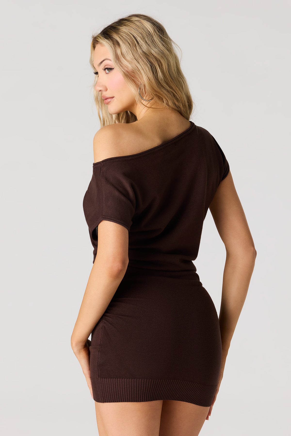 Alt View 2. Off Shoulder Knit Mini Dress - Dark Brown