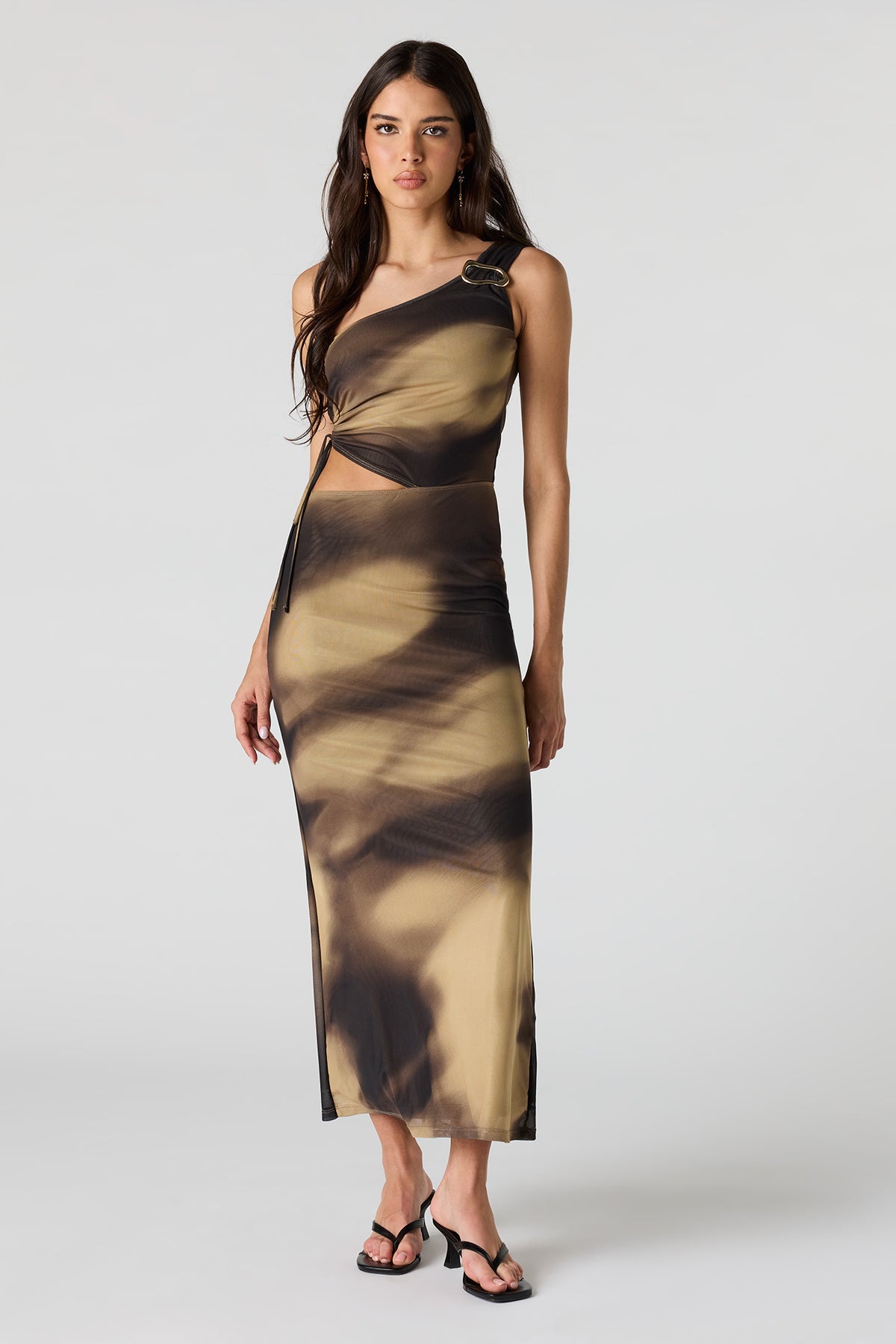 Mesh One Shoulder Maxi Dress - Brown