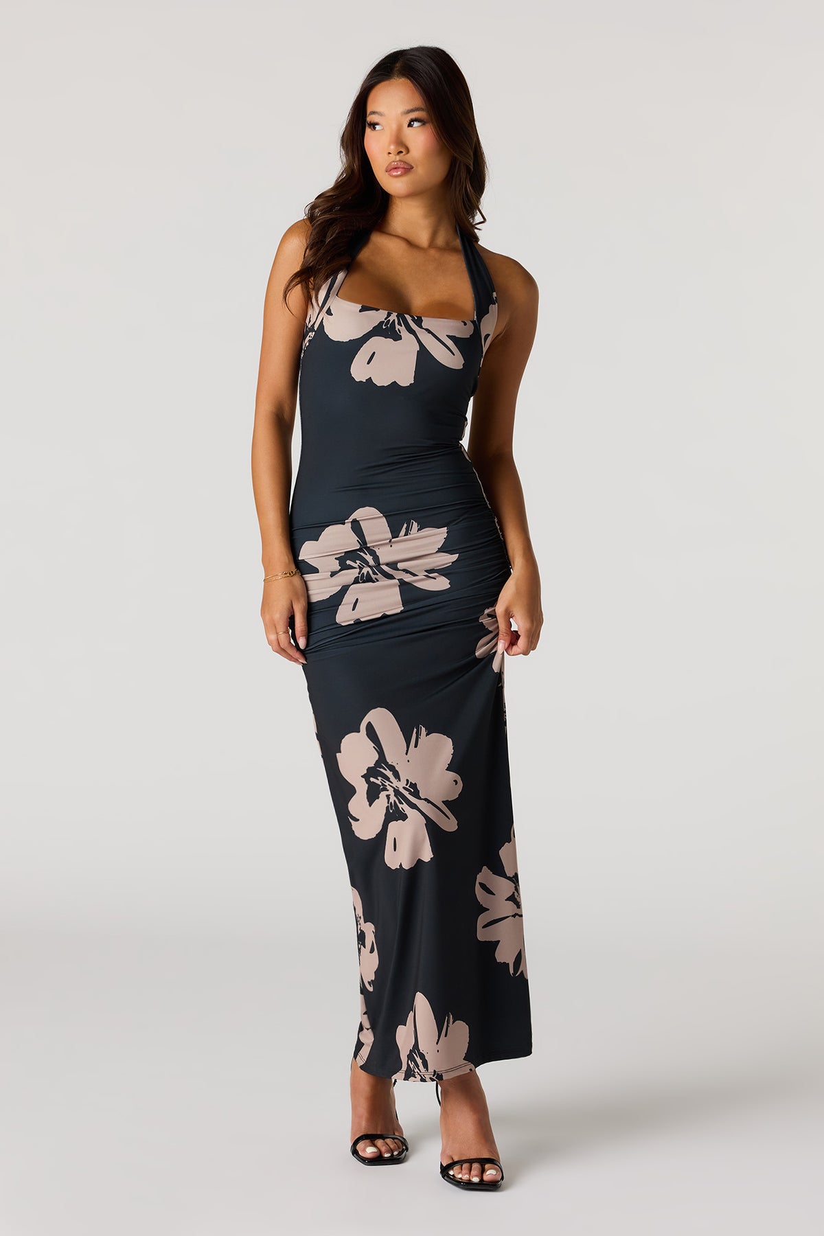 Ruched Halter Maxi Dress - Black