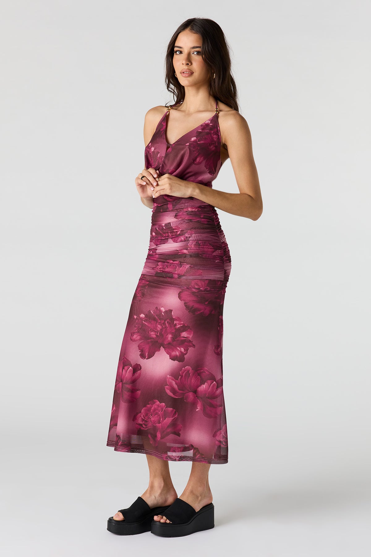 Alt View 2. Mesh Cowl Neck Ruched Midi Dress - Magenta