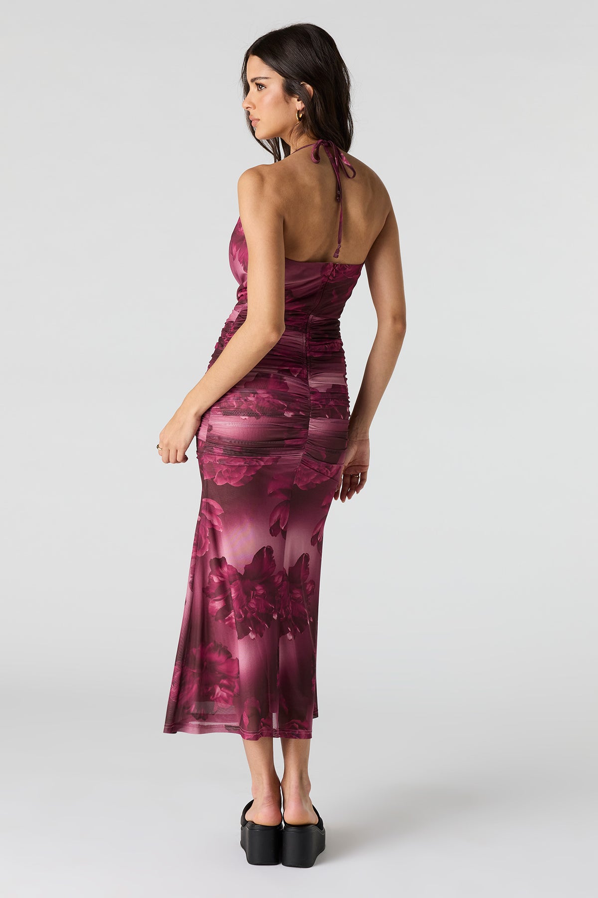 Alt View 3. Mesh Cowl Neck Ruched Midi Dress - Magenta