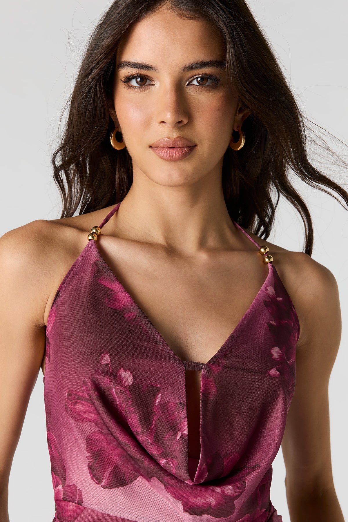 Alt View 4. Mesh Cowl Neck Ruched Midi Dress - Magenta